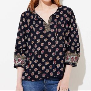 LOFT Floral Tassel Navy Blouse